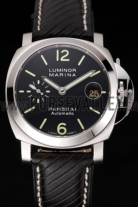 Swiss Panerai Luminor Marina Black Dial Stainless Steel Case Black Leather Strap