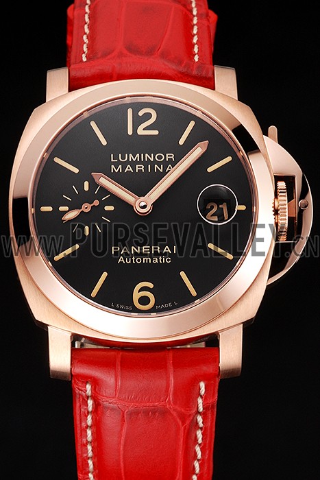 Swiss Panerai Luminor Marina Black Dial Rose Gold Case Red Leather Strap