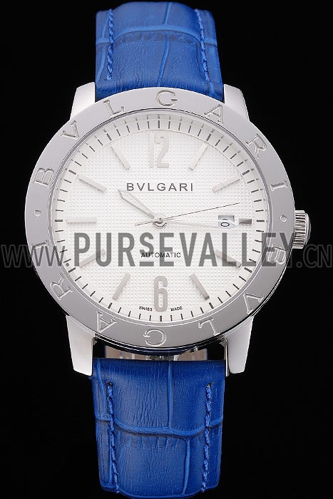 Bvlgari Novelties White Dial Silver Case Blue Leather Strap