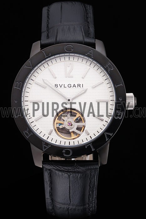 Bvlgari Tourbillon White Dial Black Case Black Leather Strap