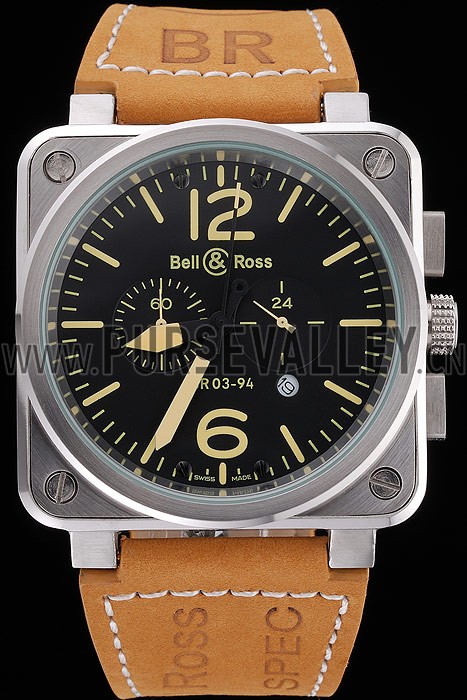 Bell and Ross BR 03-94 Black Dial Silver Case Brown Leather Strap