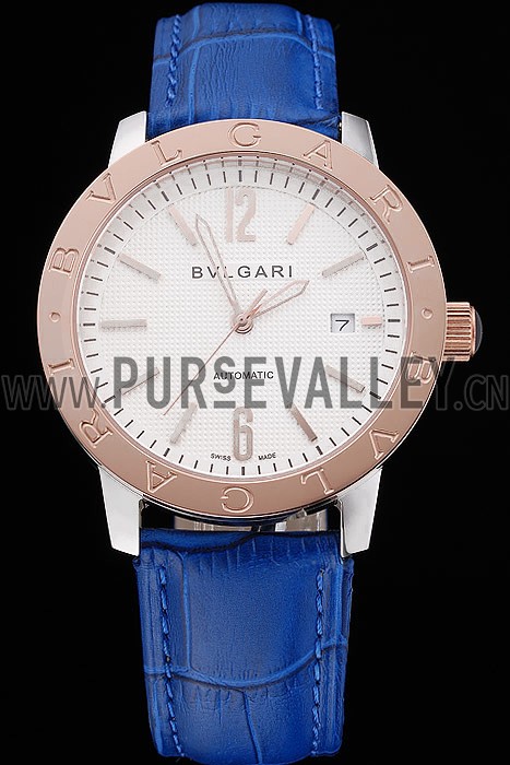 Bvlgari Novelties White Dial Gold Case Blue Leather Strap