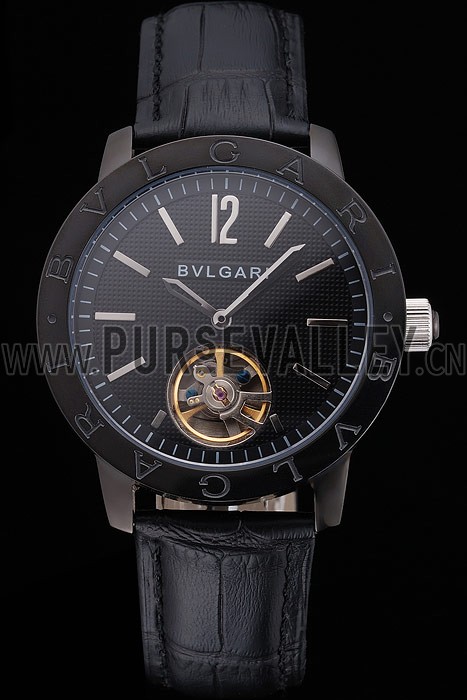 Bvlgari Tourbillon Black Dial Black Case Black Leather Strap