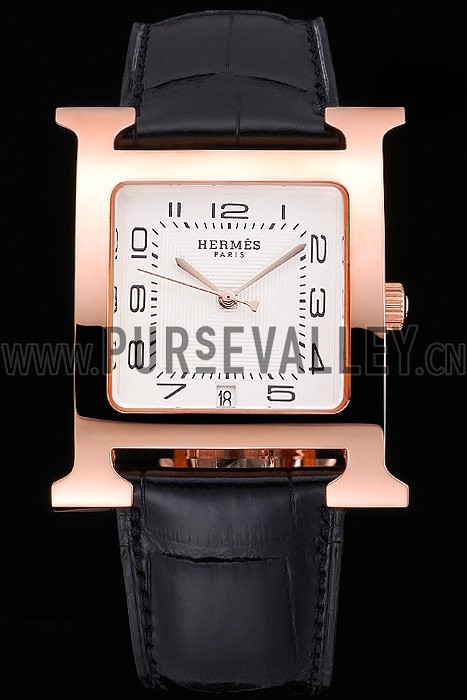 Hermes Heure H White Dial Gold Case Black Leather Strap