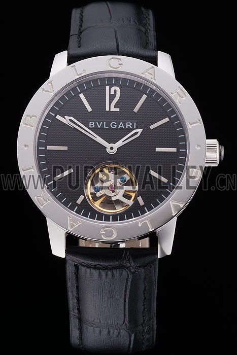 Bvlgari Tourbillon Black Dial Silver Case Black Leather Strap