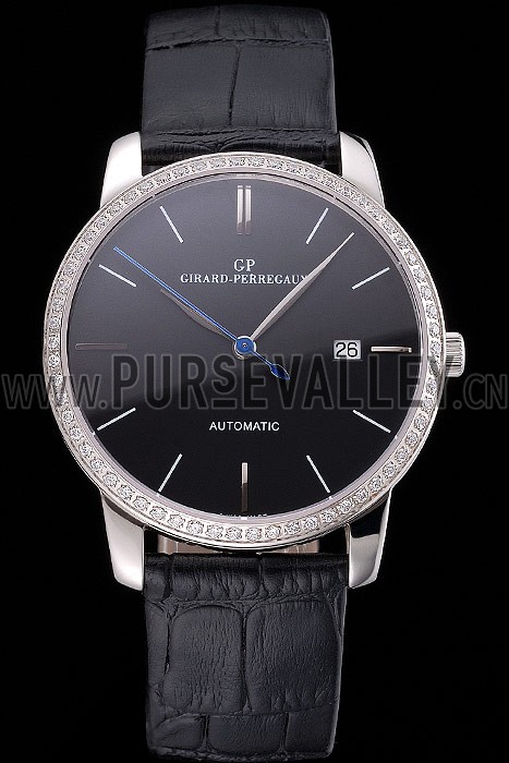 Swiss Girard-Perregaux 1966 Black Dial Silver Diamond Case Black Leather Strap