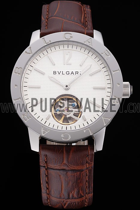 Bvlgari Tourbillon White Dial Silver Case Brown Leather Strap