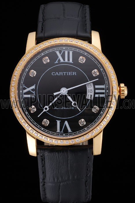 Swiss Cartier Ronde Solo Black Dial Gold Diamond Case Black Leather Strap