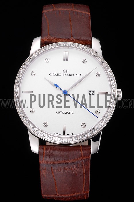Swiss Girard-Perregaux 1966 White Dial Silver Diamond Case Brown Leather Strap