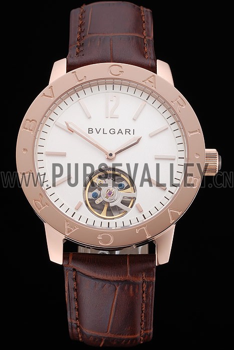 Bvlgari Tourbillon White Dial Gold Case Brown Leather Strap