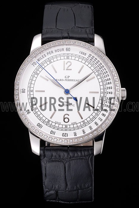 Swiss Girard-Perregaux 1966 Automatic White Dial Silver Diamond Case Black Leather Strap