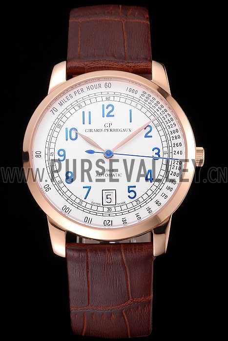 Swiss Girard-Perregaux 1966 Automatic White Dial Gold Case Blue Numerals Brown Leather Strap
