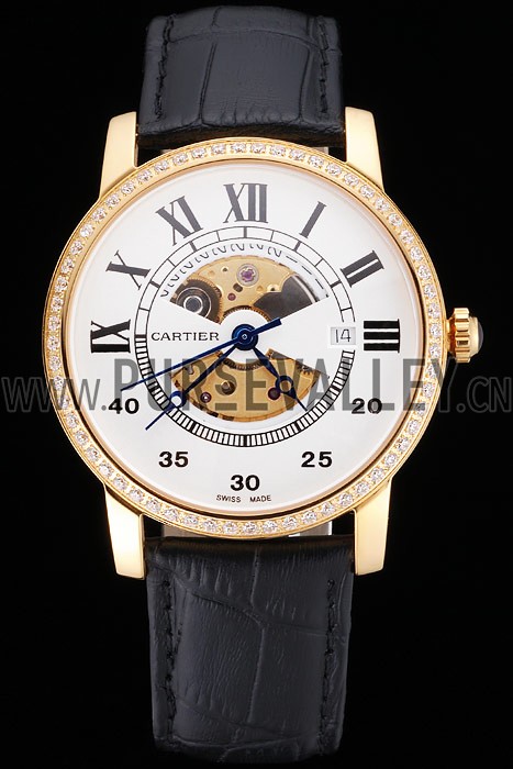 Swiss Cartier Rotonde Small Complication White Dial Gold Diamond Case Black Leather Strap
