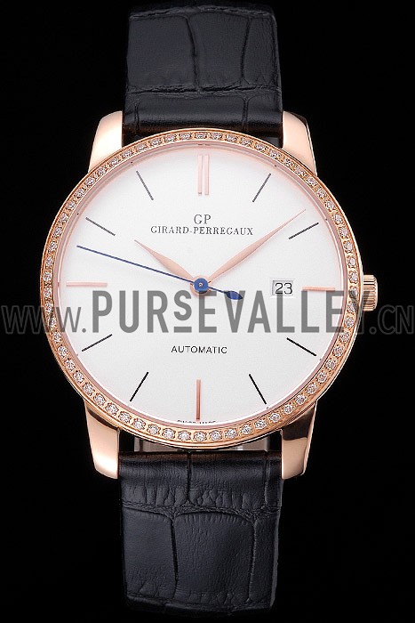 Swiss Girard-Perregaux 1966 White Dial Gold Diamond Case Black Leather Strap