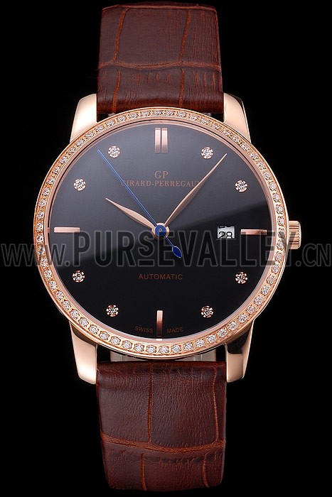 Swiss Girard-Perregaux 1966 Black Dial Gold Diamond Case Brown Leather Strap