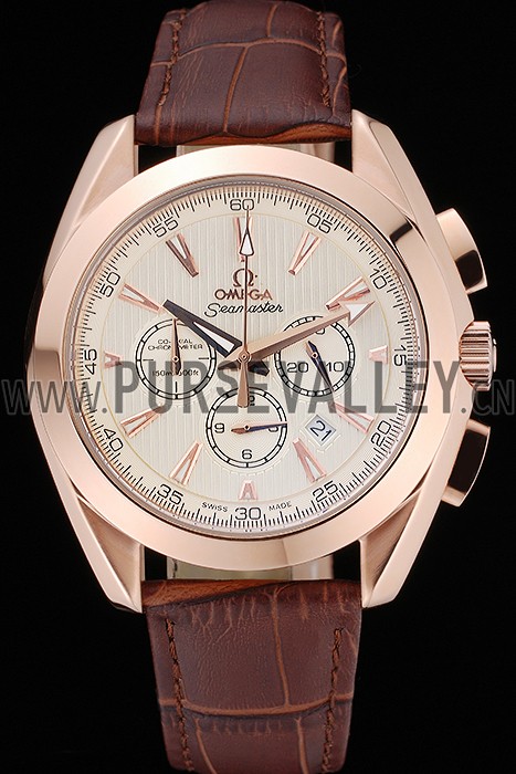 Omega Seamaster Aqua Terra Chronograph Ivory Dial Gold Case Brown Leather Bracelet 622530