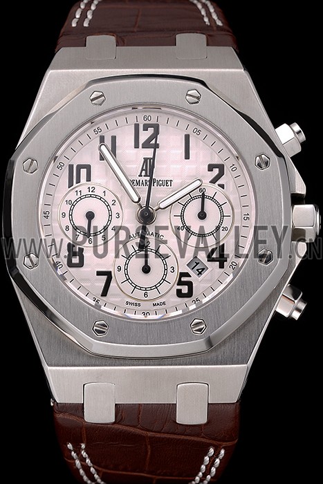 Swiss Audemars Piguet Royal Oak Chronograph White Dial Stainless Steel Case Brown Leather Strap 622864