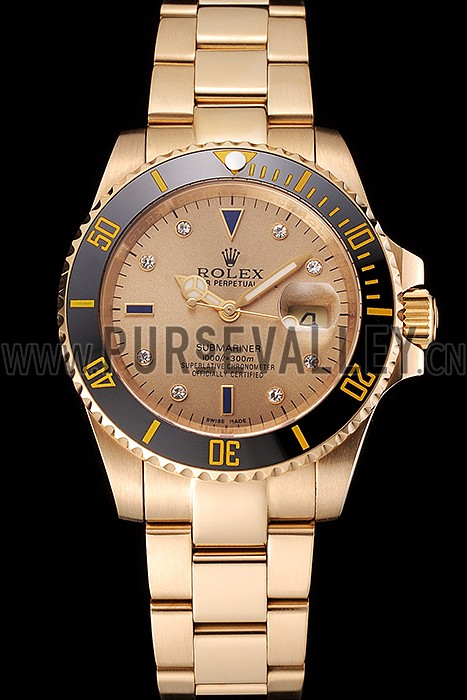 Swiss Rolex Submariner Gold Dial With Diamond Markings Black Bezel Yellow Gold Case And Bracelet