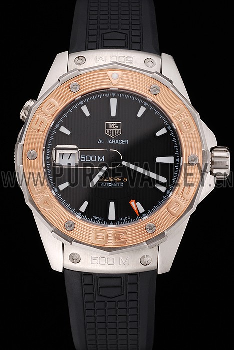 Swiss Tag Heuer Aquaracer Calibre 5 Black Dial Gold Bezel Stainless Steel Case Black Rubber Strap