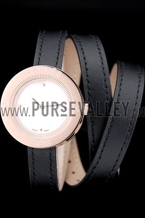 Hermes Classic MOP Dial Black Elongated Leather Strap
