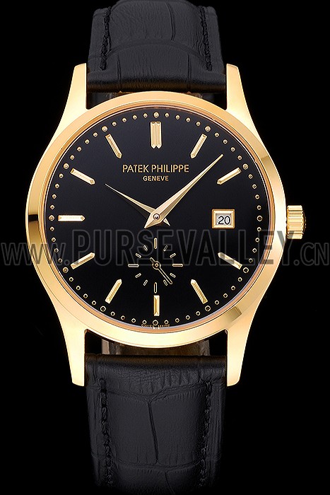 Patek Philippe Calatrava Black Dial Gold Case Black Leather Strap 622845