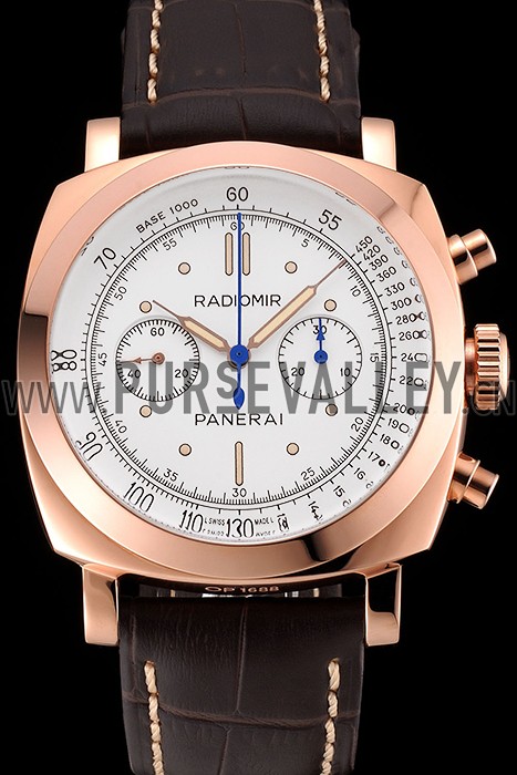 Swiss Panerai Radiomir 1940 Chronograph White Dial Rose Gold Case Brown Leather Strap