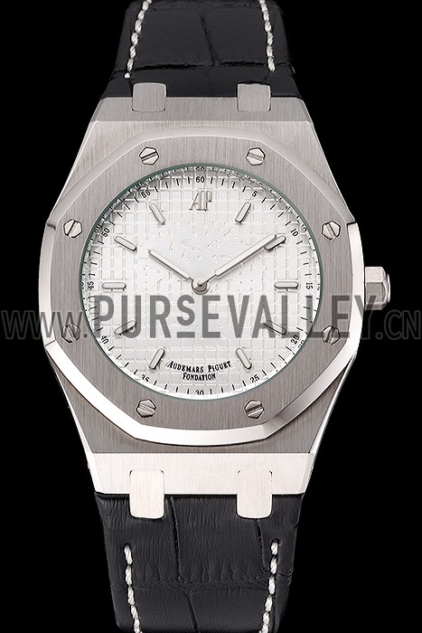 Audemars Piguet Royal Oak Fondation Silver Dial Stainless Steel Case Black Leather Strap