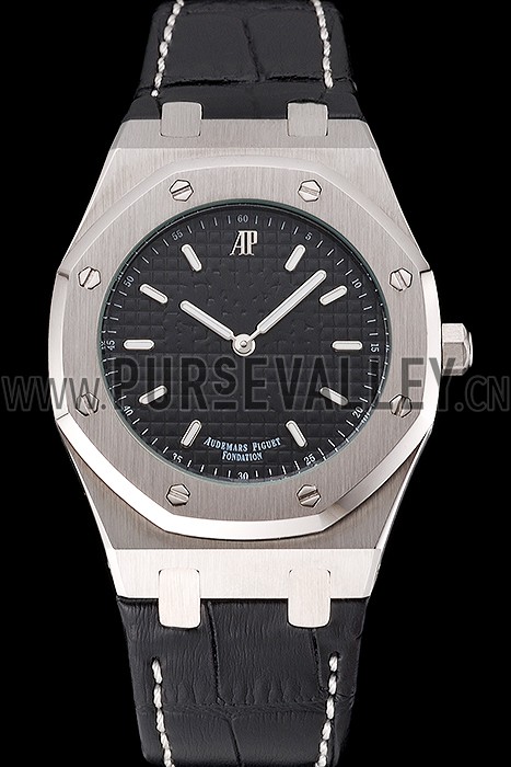 Audemars Piguet Royal Oak Fondation Black Dial Stainless Steel Case Black Leather Strap