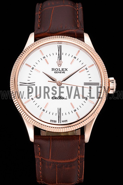 Swiss Rolex Cellini Time Gold Case White Dial Brown Leather Bracelet 622655