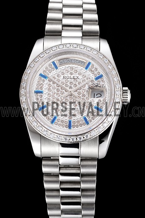 Swiss Rolex Day Date Diamond Pave Dial And Bezel Stainless Steel Case And Bracelet