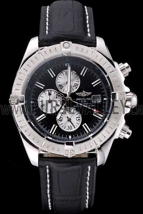 Breitling Chronomat 13 Stainless Steel Case Black Dial Black Leather Bracelet 622237