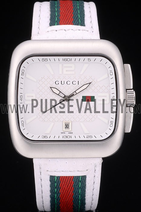 Gucci White Leather Strap Polished Stainless Steel Bezel White Dial 80218