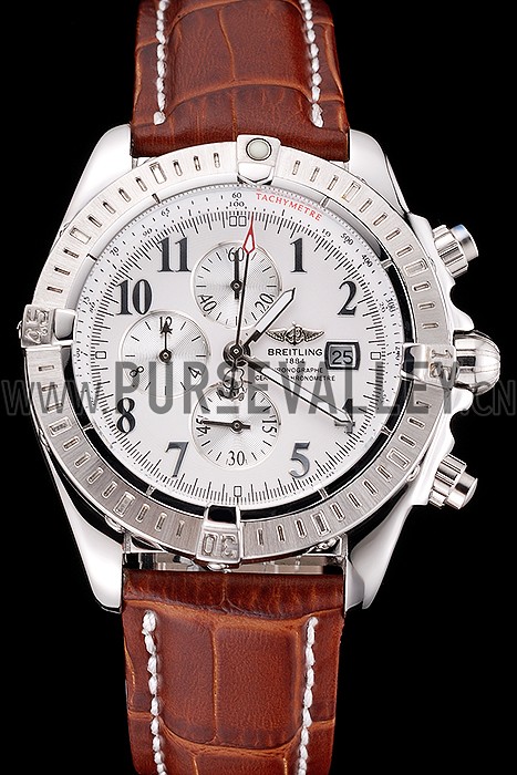 Breitling Chronomat 13 Stainless Steel Case White Dial Arabic Numerals Brown Leather Bracelet 622238