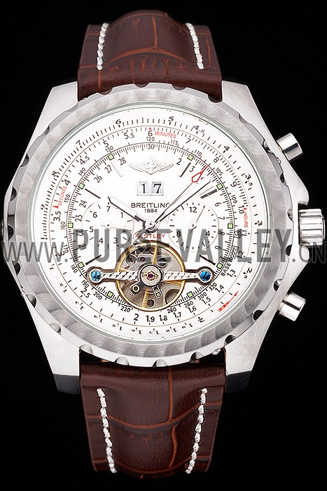 Breitling Bentley Mulliner Tourbillon White Dial Stainless Steel Case Brown Leather Strap 622729