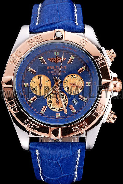 Breitling Chronomat Blue Dial Rose Gold Bezel And Subdials Stainless Steel Case Blue Leather Strap