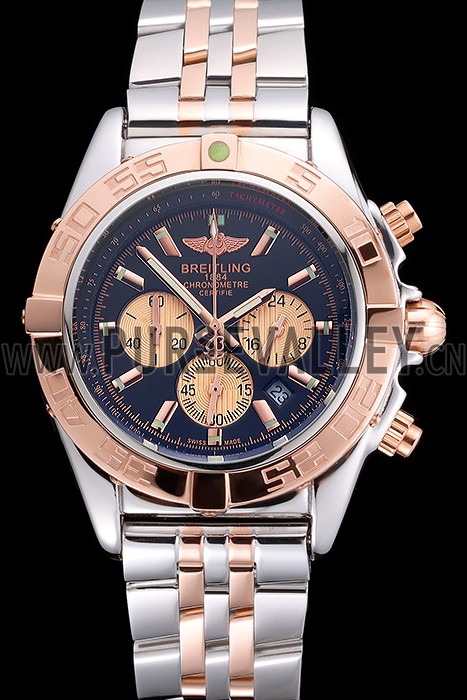 Breitling Chronomat Black Dial Rose Gold Bezel And Subdials Stainless Steel Case Two Tone Bracelet