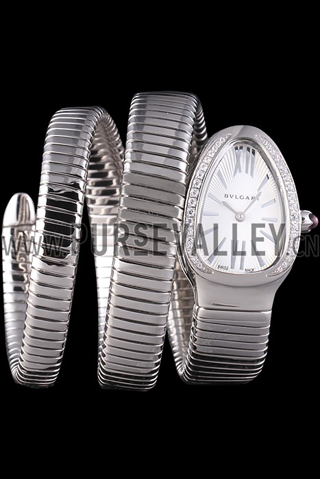 Bvlgari Serpenti 23mm White Dial Stainless Steel Case With Diamonds Double Steel Bracelet