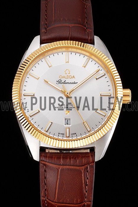 Omega Globemaster Silver Dial Gold Bezel Stainless Steel Case Brown Leather Strap