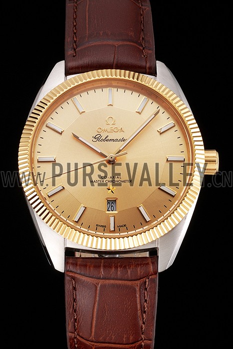 Omega Globemaster Gold Dial And Bezel Stainless Steel Case Brown Leather Strap
