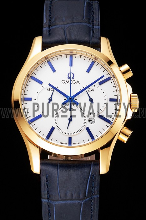 Omega Chronograph White Dial Gold Case Blue Leather Strap