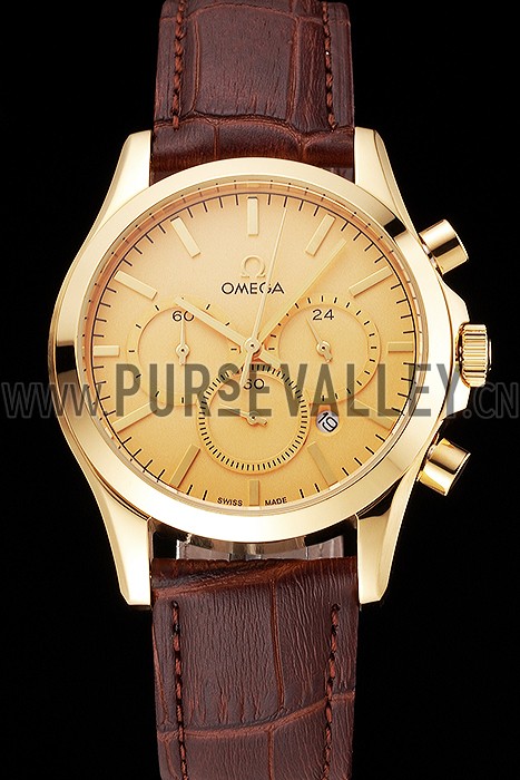 Omega Chronograph Gold Dial Gold Case Brown Leather Strap