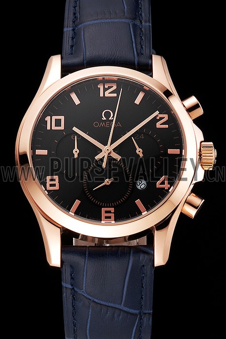Omega Chronograph Black Dial Rose Gold Case Blue Leather Strap