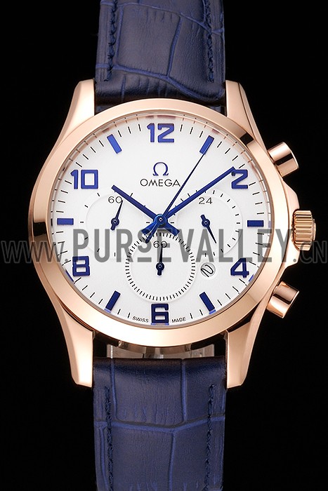 Omega Chronograph White Dial Rose Gold Case Blue Leather Strap