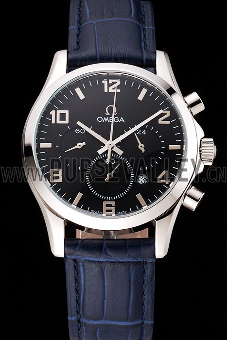 Omega Chronograph Black Dial Stainless Steel Case Blue Leather Strap