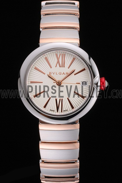 Bvlgari Lvcea White Dial Rose Gold Numerals Stainless Steel Case Two Tone Bracelet