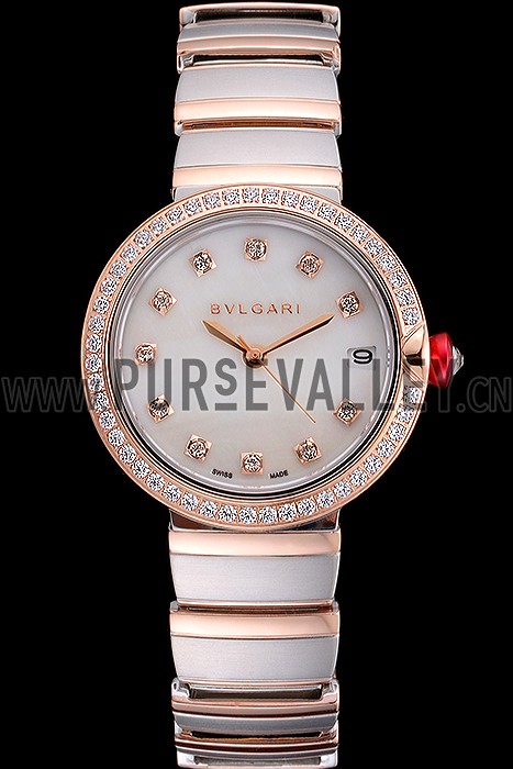 Bvlgari Lvcea White Dial Diamond Hour Markings Rose Gold Case With Diamonds Two Tone Bracelet