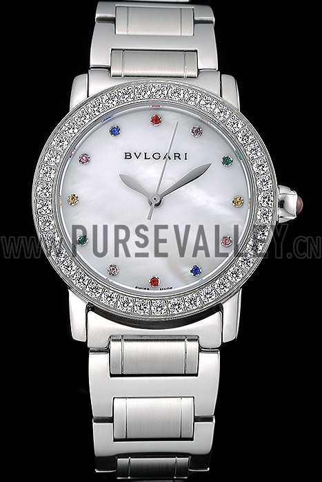 Bvlgari Solotempo Pearl Dial Diamond Bezel Stainless Steel Case And Diamonds 622747