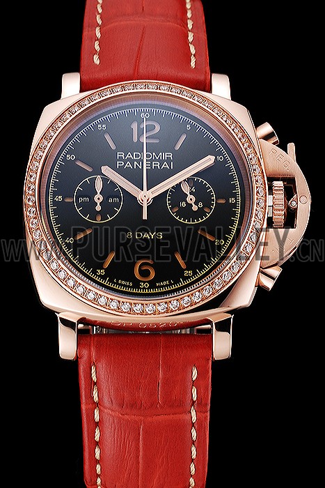Panerai Radiomir 8 Days Chronograph Black Dial Diamond Bezel Rose Gold Case Red Leather Strap 1453797