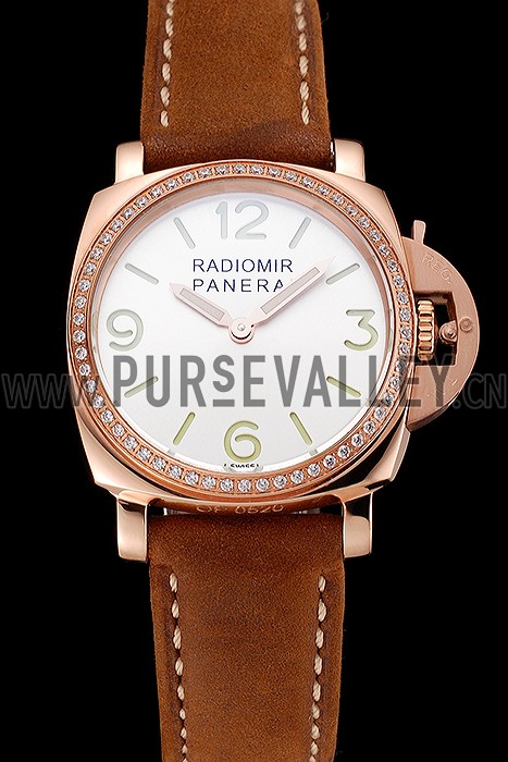 Panerai Radiomir White Dial Diamond Bezel Rose Gold Case Brown Suede Leather Strap 1453799