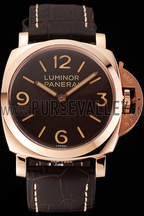 Swiss Panerai Luminor Brown Dial Rose Gold Case Brown Leather Strap 1453841